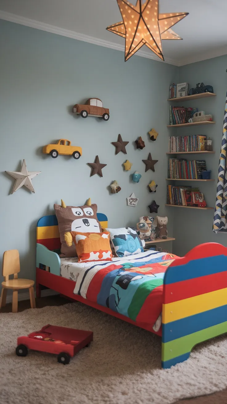 A colorful toddler boy's bedroom featuring fun-shaped pillows like animals and stars