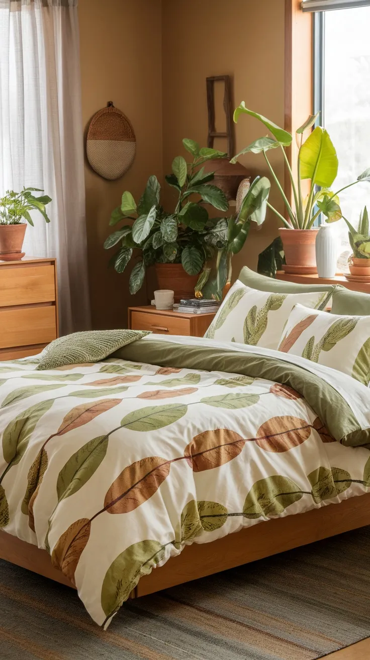 A cozy bedroom featuring leaf-printed bedding and potted plants, creating a nature-inspired atmosphere.