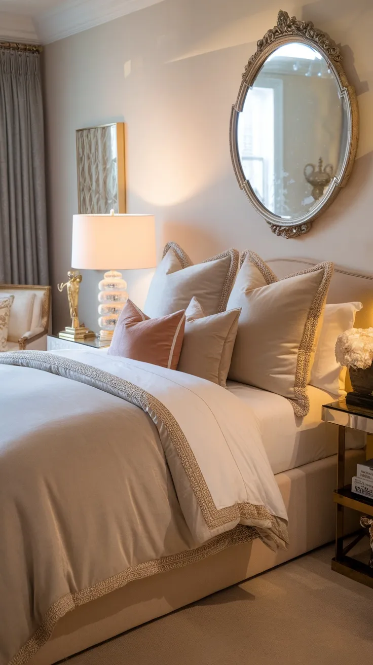 A stylish bedroom featuring luxe bedding with a blend of classic and modern textures, complemented by a decorative mirror.
