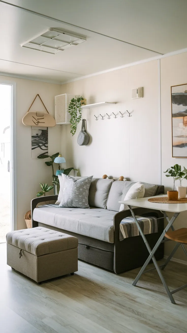 Cozy living area in a singlewide mobile home with multi-purpose furniture including a sleeper sofa, storage ottoman, and a small dining table.