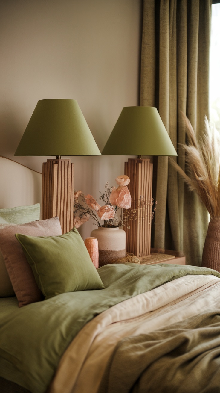 A cozy bedroom featuring olive green lampshades on textured wooden bases, with matching green bedding and curtains.
