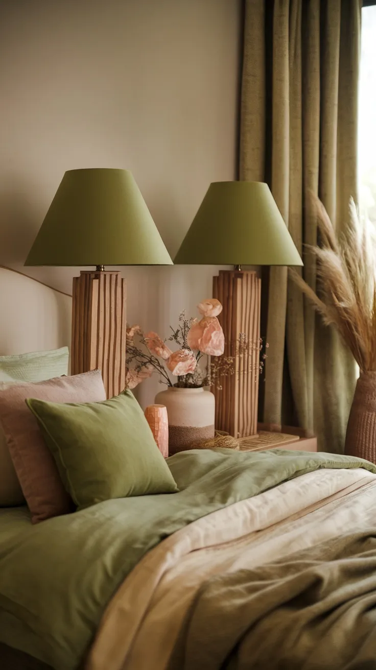 A cozy bedroom featuring olive green lampshades on textured wooden bases, with matching green bedding and curtains.