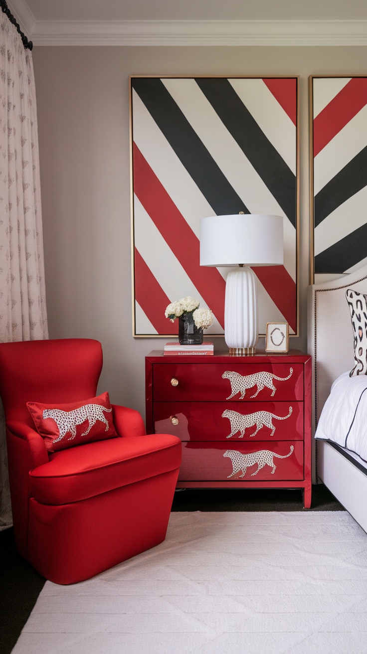 A red upholstered chair and a red dresser with cheetah designs in a stylish bedroom