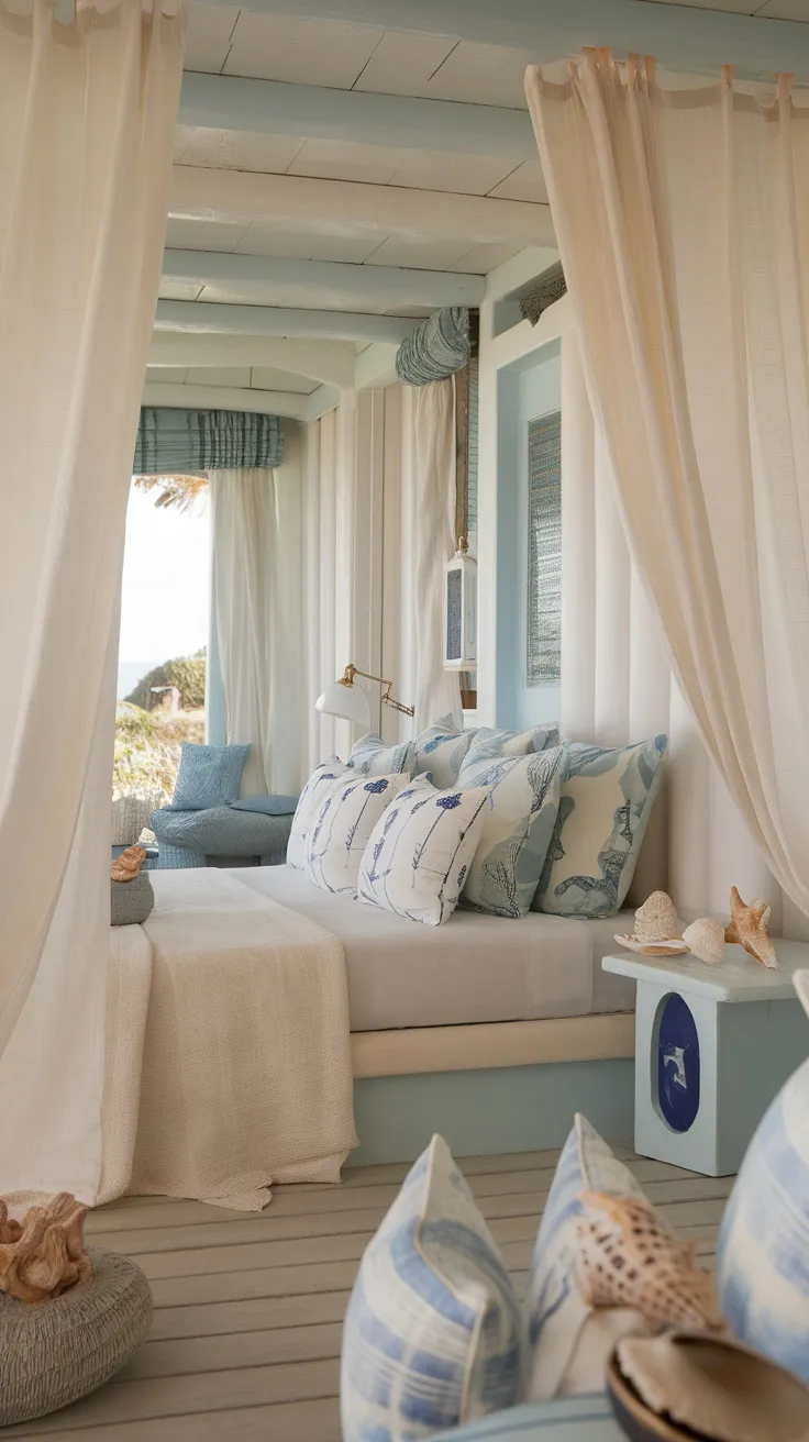 A coastal-inspired bedroom with soft blue and white tones, featuring a cozy bed with decorative pillows and sheer curtains.