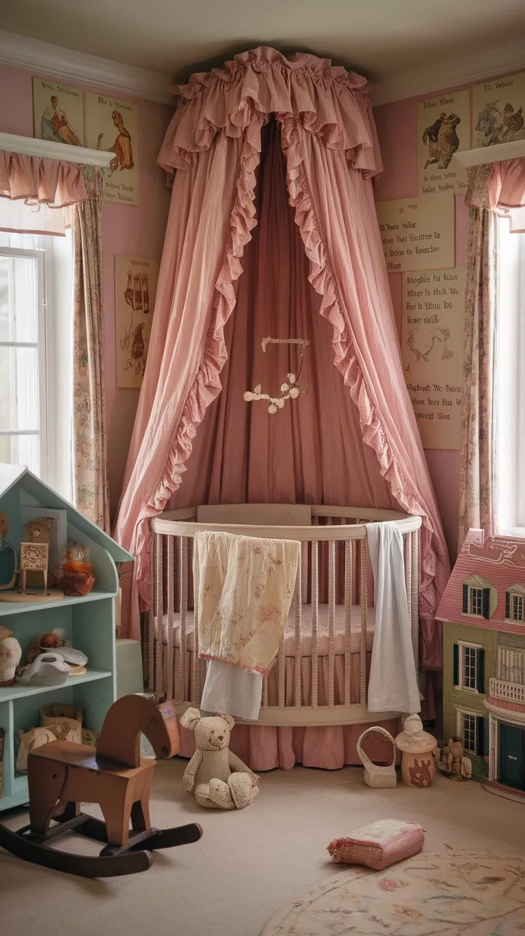 A vintage nursery room featuring soft pink ruffled curtains, a crib, toys, and a cozy atmosphere.