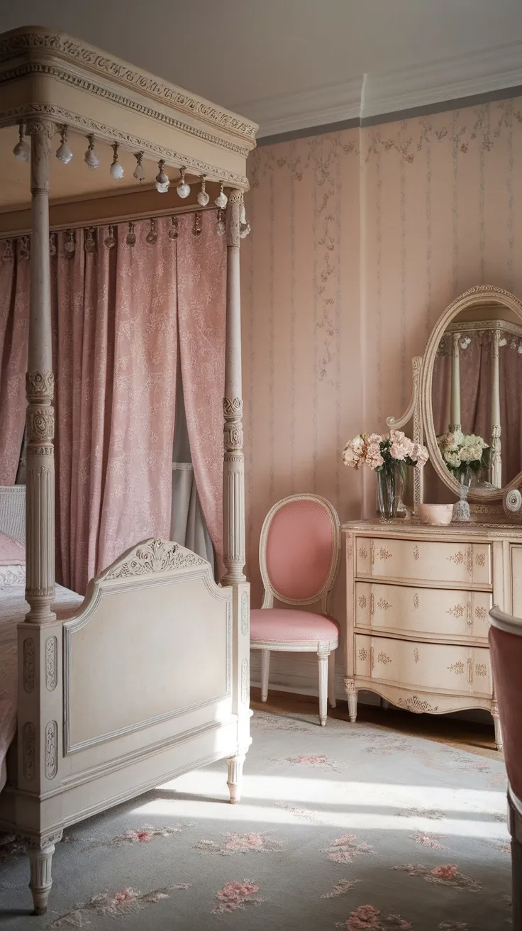 A vintage princess bedroom featuring elegant Victorian-style furniture, including a four-poster bed, a pink chair, and a detailed dresser.