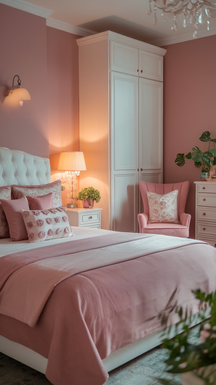 A beautifully decorated dusty pink bedroom featuring white furniture, soft lighting, and elegant decor.