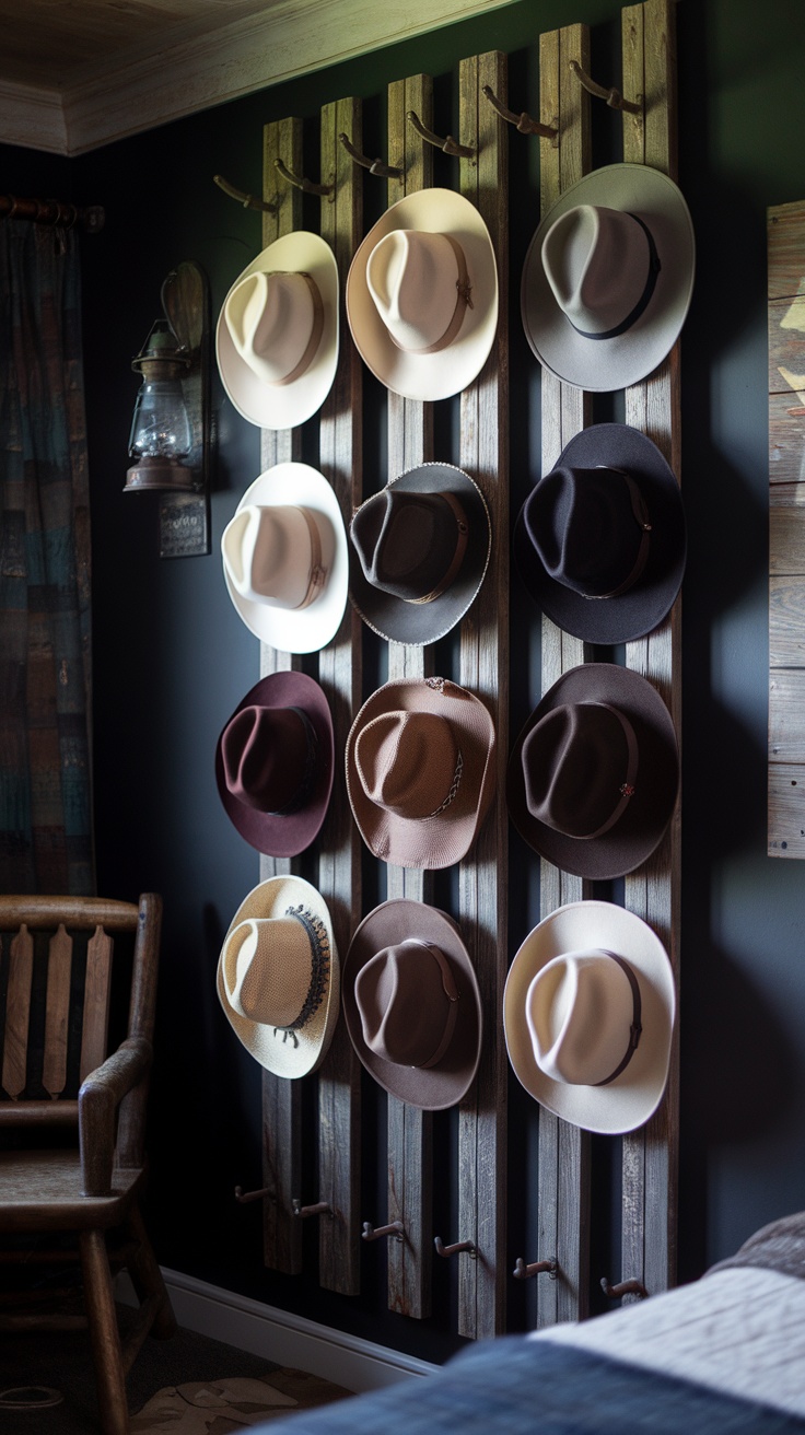 A stylish display of cowboy hats on a wooden rack in a dark western-themed bedroom.