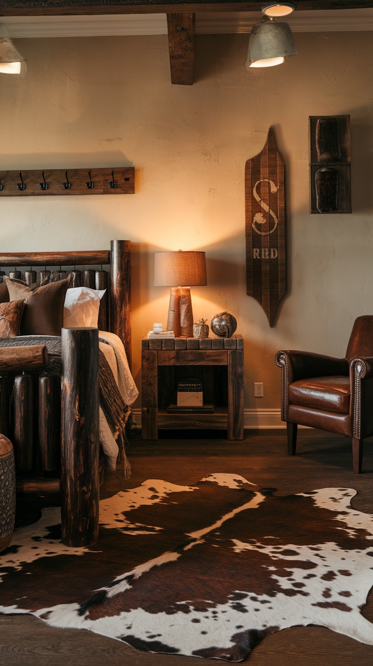 Cozy dark western bedroom featuring a cowhide rug, wooden bed frame, and rustic decor.