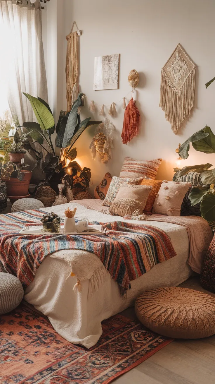 Cozy boho bedroom with a floor bed, colorful blankets, and cushions surrounded by plants.