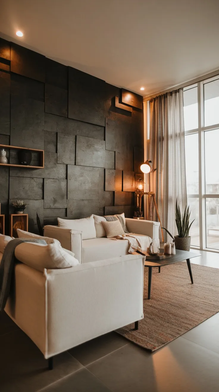 Living room with dark textured wall panels and light furniture