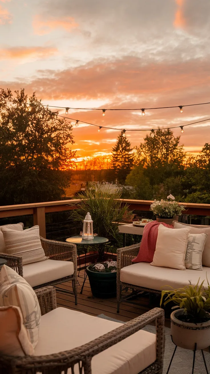 Cozy outdoor deck with chairs, plants, and string lights during sunset