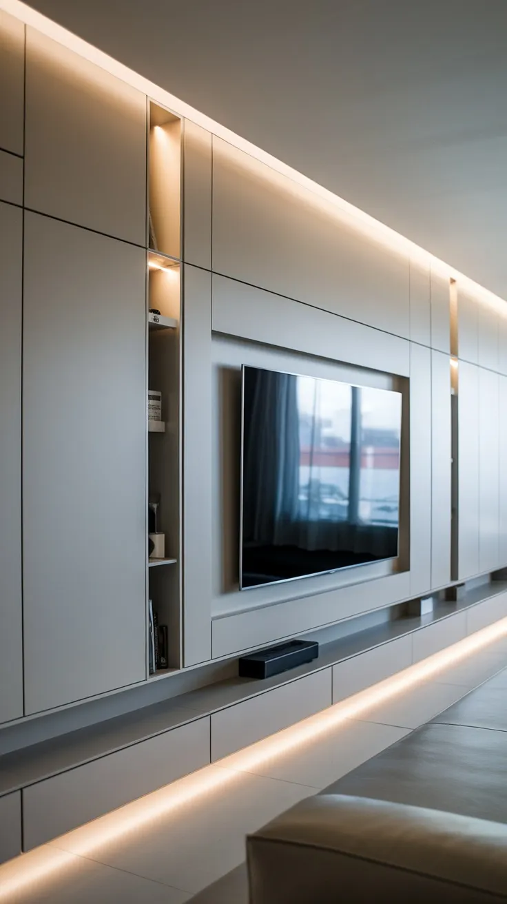 A modern living room with a full-wall panel, a mounted TV, and hidden storage.