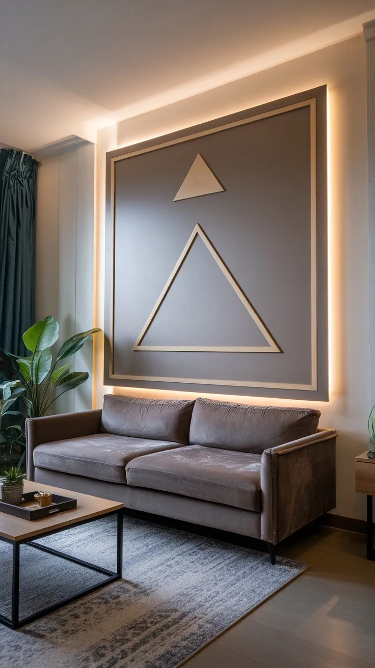 A stylish living room featuring a geometric panel wall design with a triangle shape, a brown sofa, and plants.