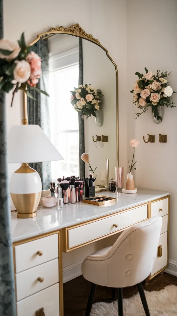 A stylish vanity with a mirror, flowers, and makeup accessories, creating a classy bedroom corner.
