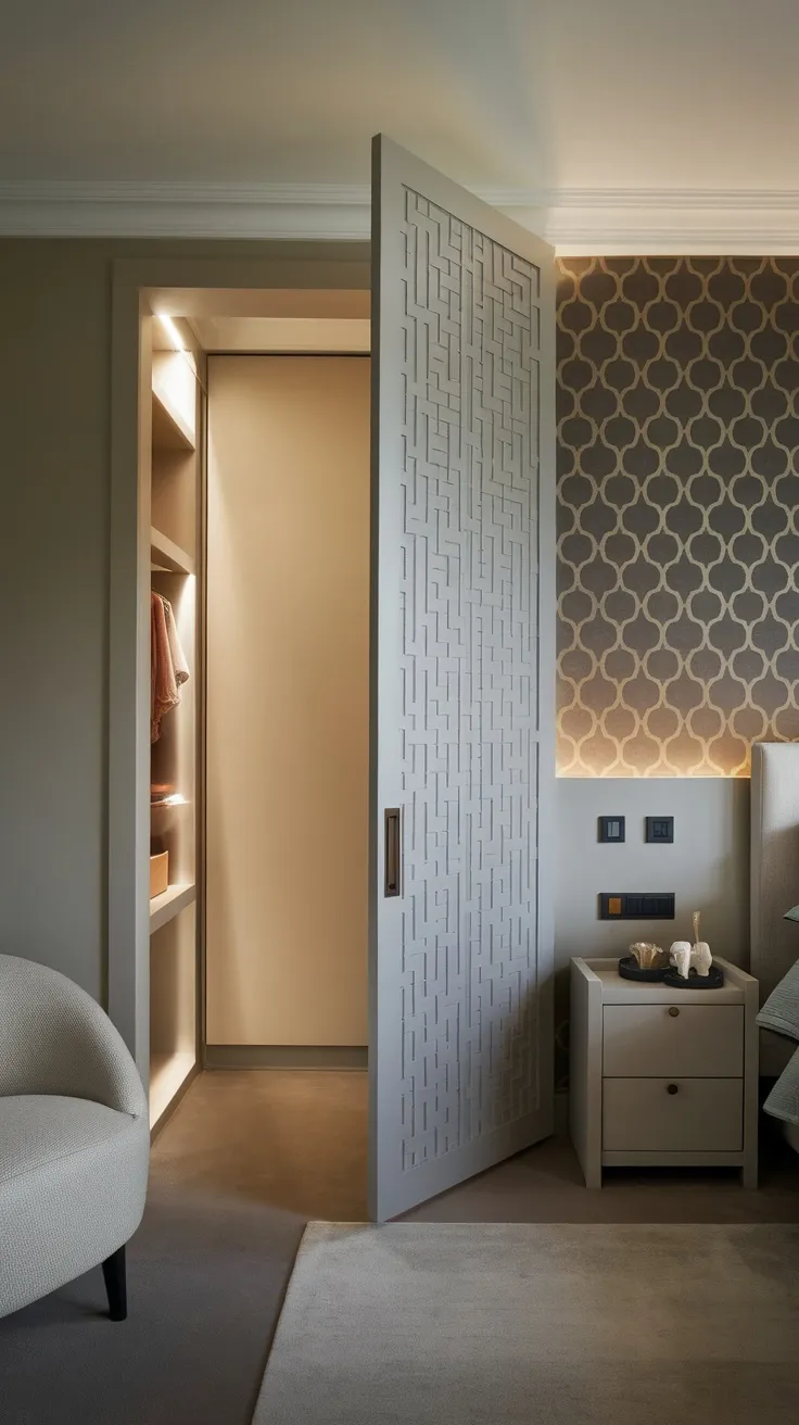 A stylish closet door that blends seamlessly into the wall, featuring a unique pattern, in a modern bedroom.