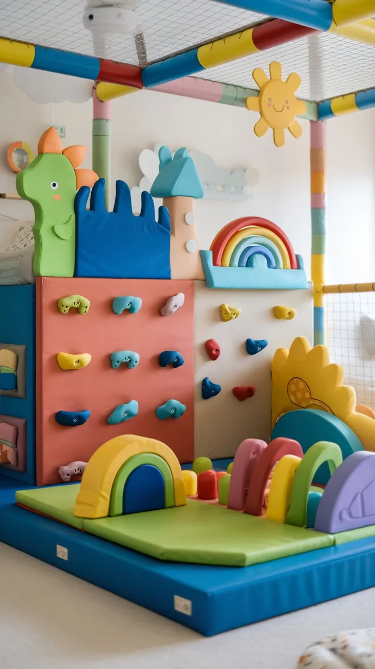 A colorful mini climbing wall with soft play area for toddlers, featuring climbing holds and bright play mats.