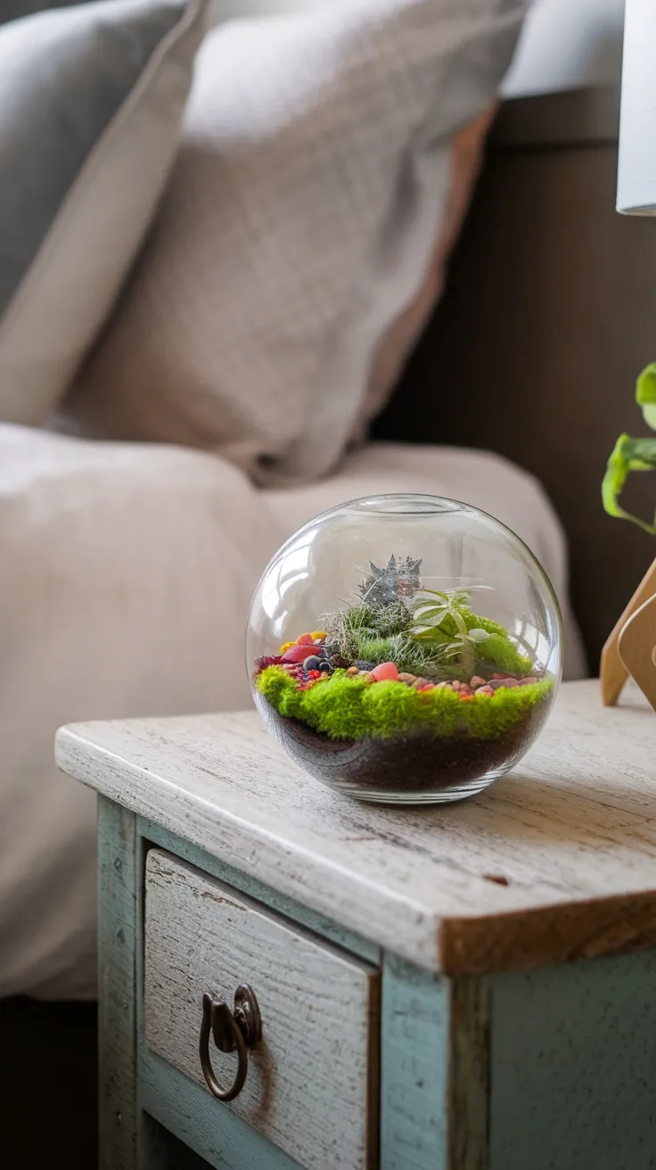 A mini terrarium with moss, stones, and tiny plants on a bedside table.