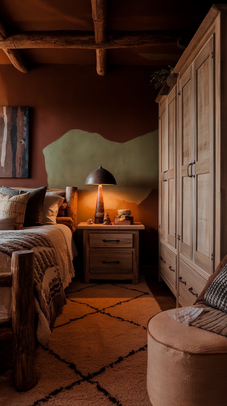 A cozy western bedroom with dark earthy paint colors and rustic furniture.