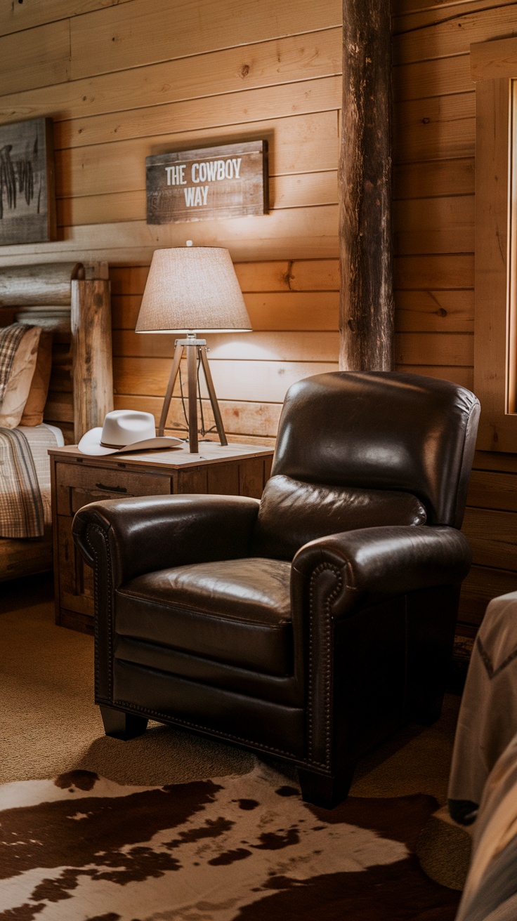 A dark leather armchair in a western-themed bedroom interior