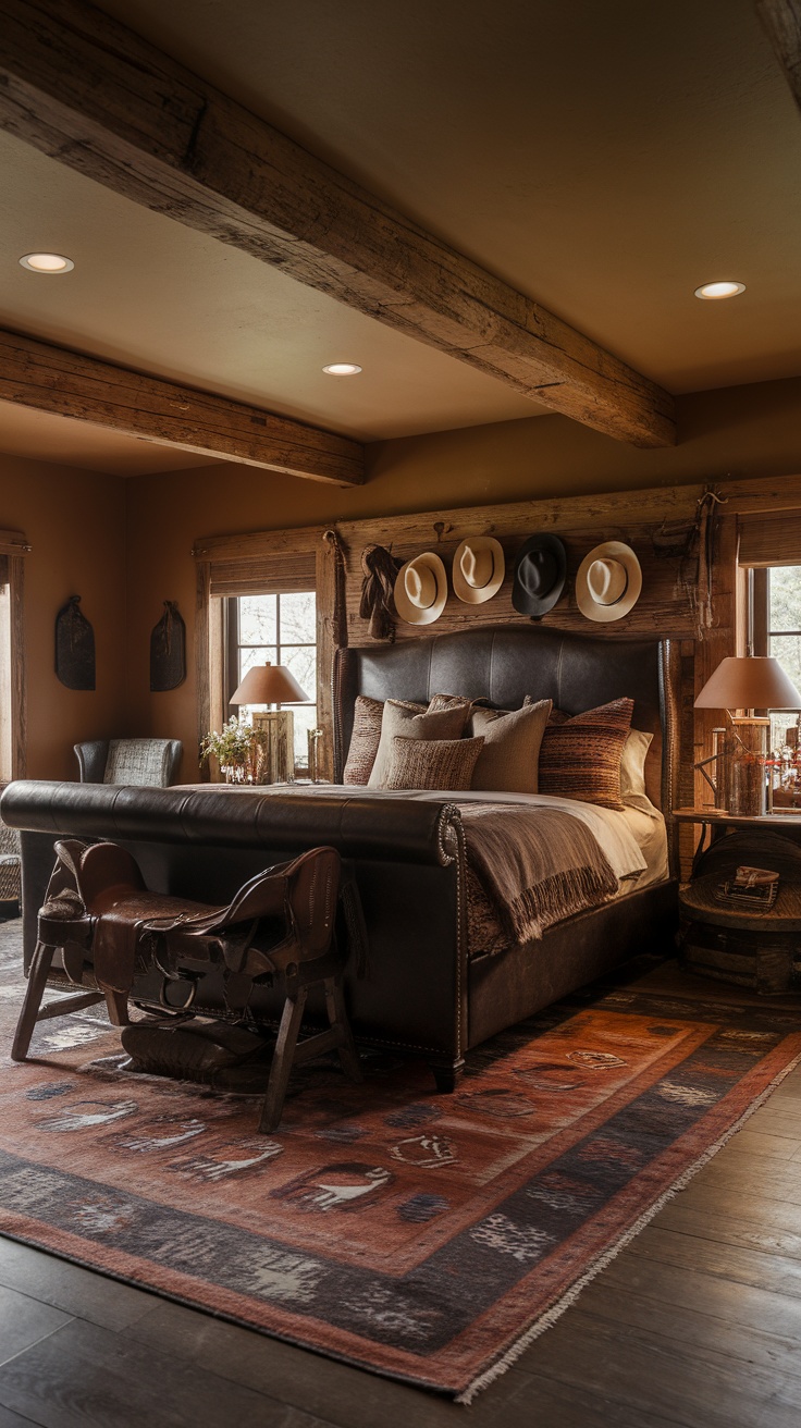 A dark leather upholstered bed in a western-themed bedroom with rustic decor.