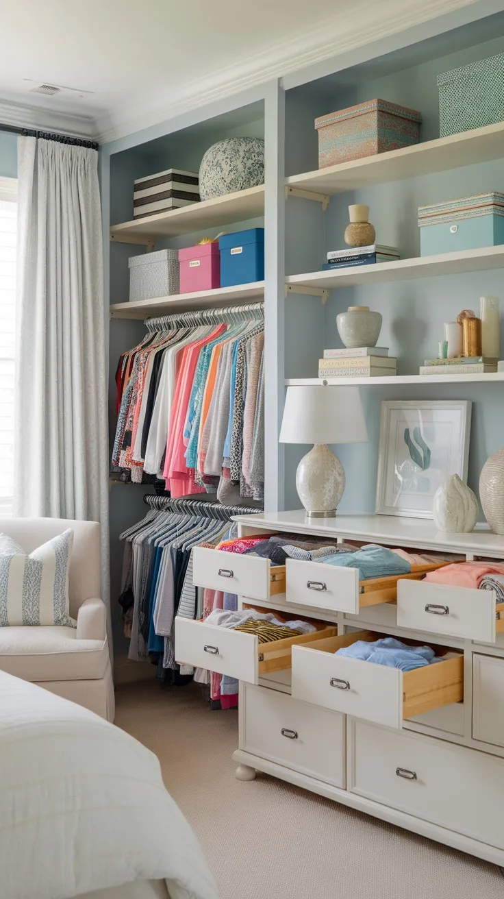 A well-organized bedroom with a closet and dresser, featuring neatly hung clothes and tidy shelves.