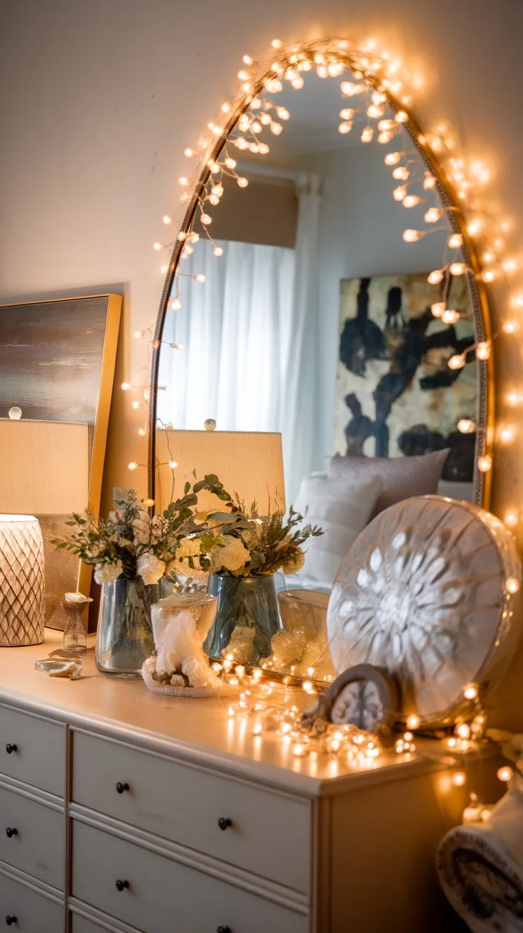 A beautifully decorated dresser with a mirror framed by string lights, flowers in vases, and lamps creating a cozy vibe.