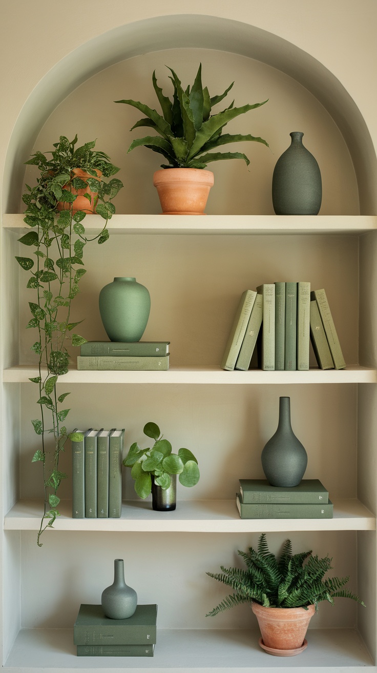 Decorative shelves featuring green plants, vases, and books in an olive green bedroom.