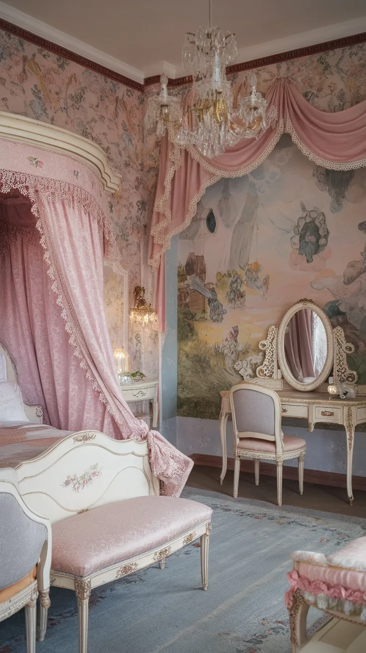 A vintage princess bedroom featuring floral wallpaper and a mural, with elegant furniture and soft pink accents.