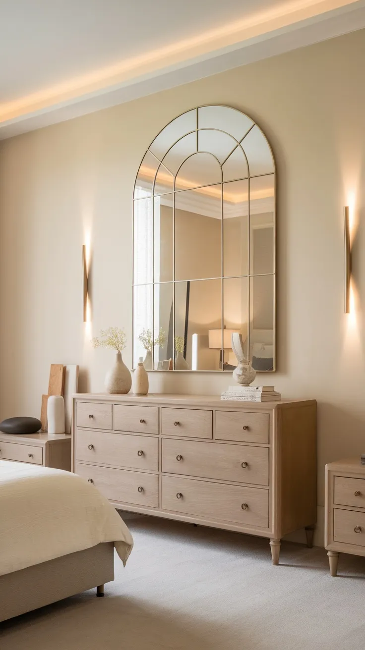 A modern minimalist bedroom featuring a classic wooden dresser, large mirror, and simple decor.