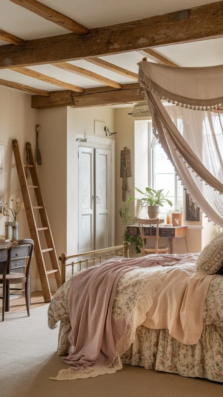 A cozy English cottage bedroom featuring a mix of soft linen and lace fabrics, floral bedding, and natural wood beams.