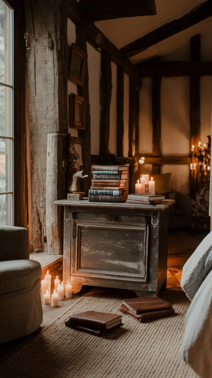 A cozy bedroom corner featuring a stack of antique books and worn leather journals, surrounded by soft candlelight.