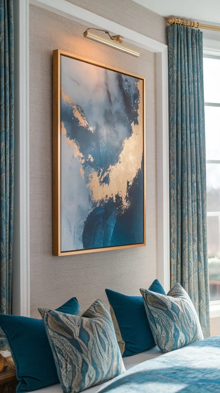 A bedroom featuring a large wall art piece with blue and gold colors, complemented by textured pillows and curtains.