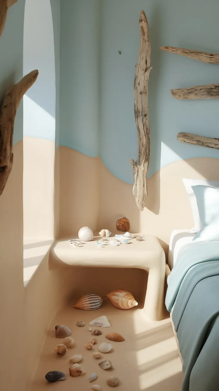 A cozy bedroom corner featuring seashells and driftwood decor, with blue walls and sandy tones.