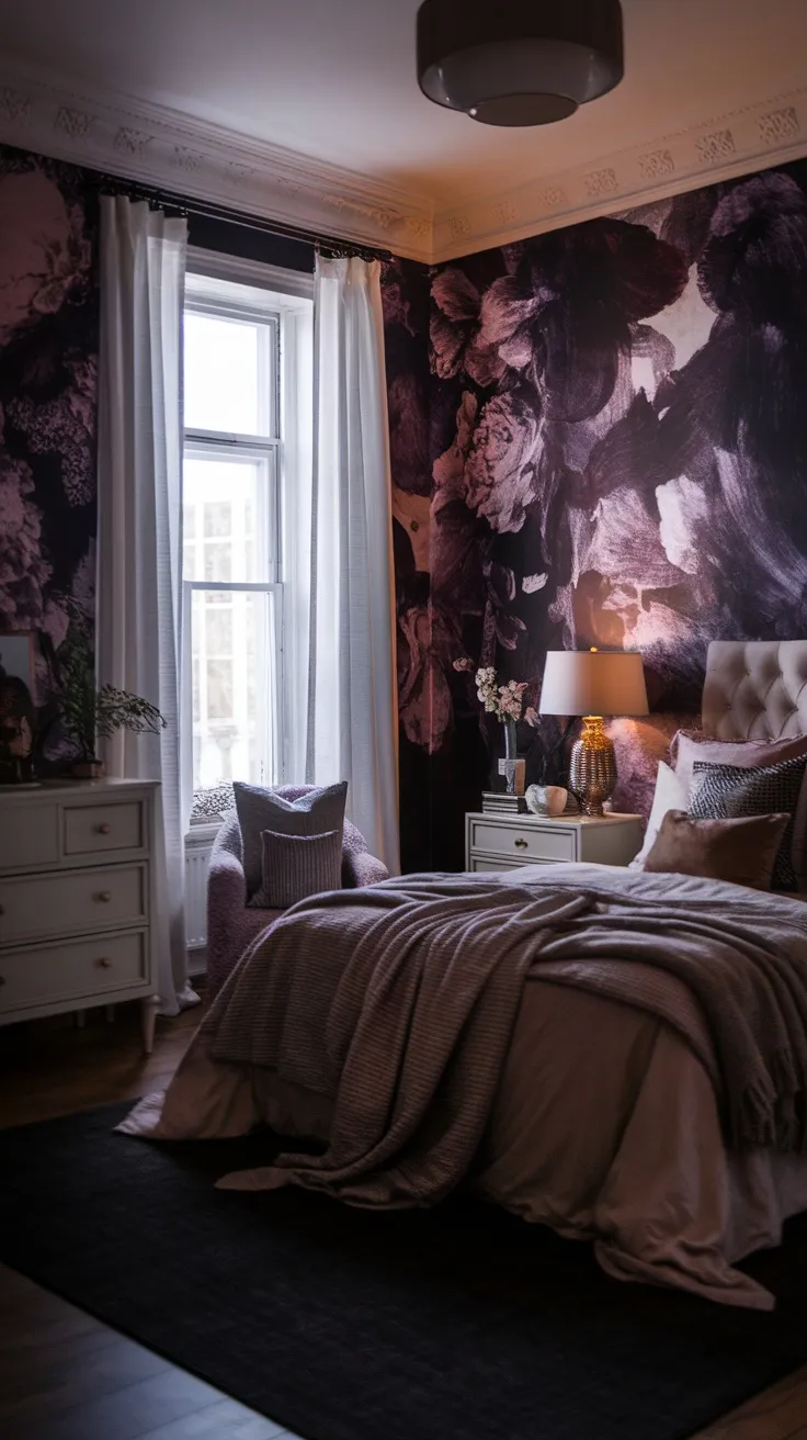 A cozy bedroom featuring dark floral purple wallpaper, white curtains, a plush chair, and soft bedding.