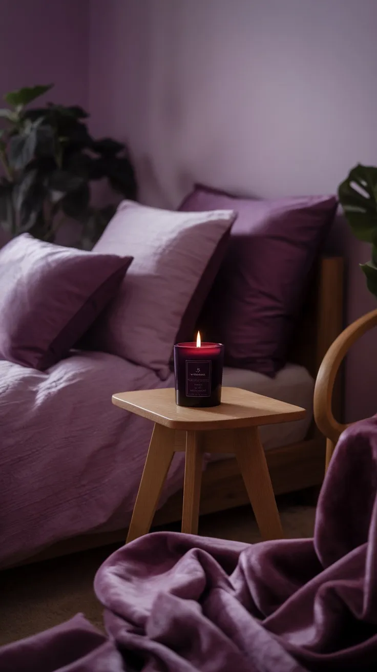 A cozy purple bedroom with a dark purple candle lit on a small wooden table beside a bed with purple bedding.