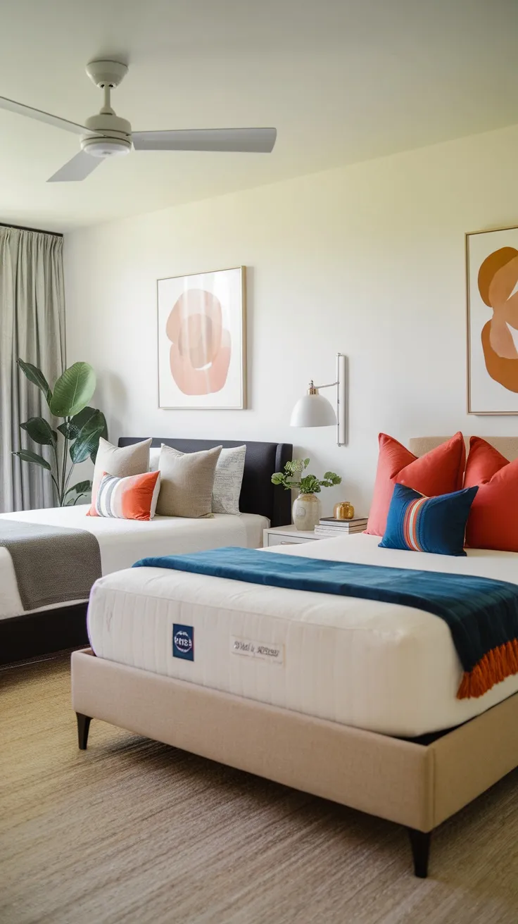 A cozy room featuring two beds with colorful pillows and decor, showcasing a warm and inviting atmosphere.