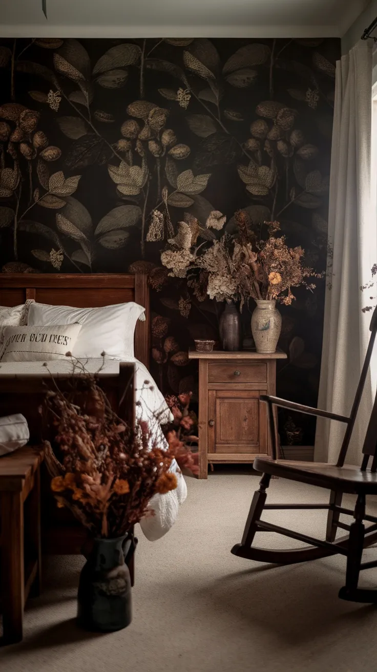 A cozy dark-themed bedroom featuring dried flowers in a vase, a botanical print wall, and wooden furniture.