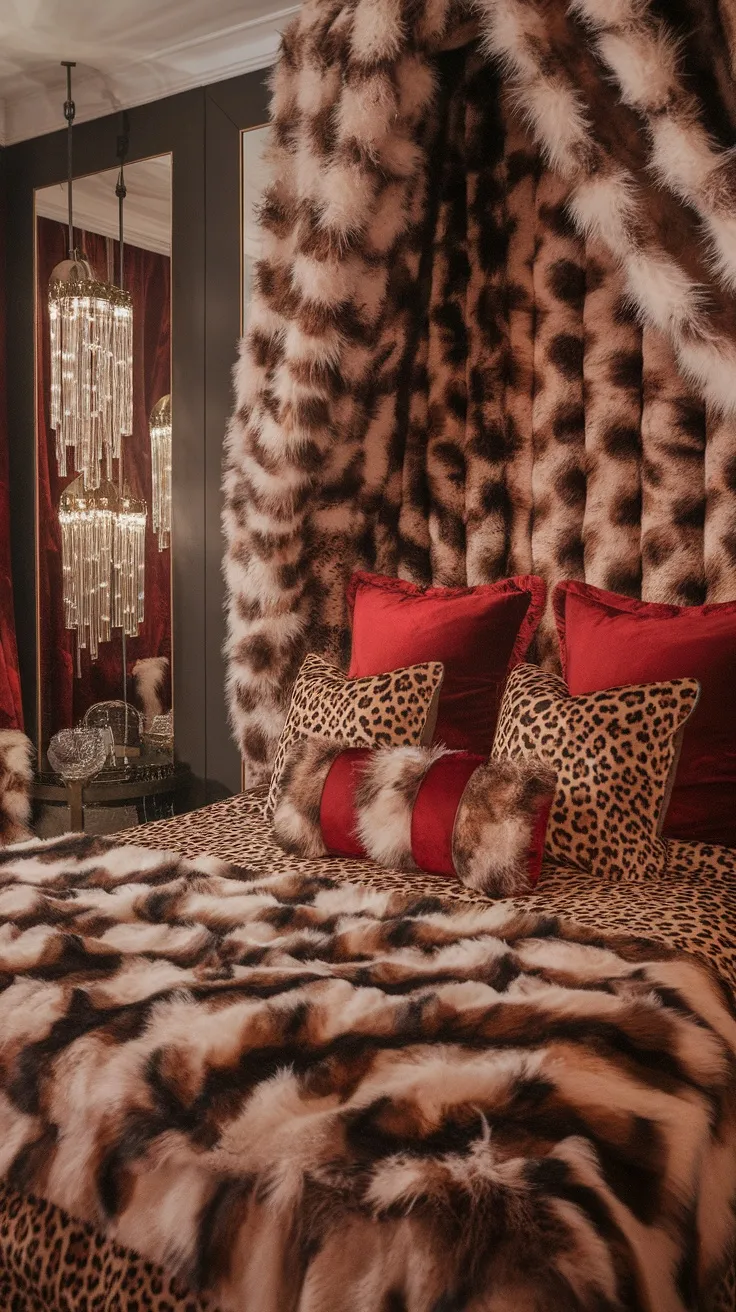 A stylish bedroom featuring faux fur bedding in cheetah print with red pillows and crystal light fixtures.