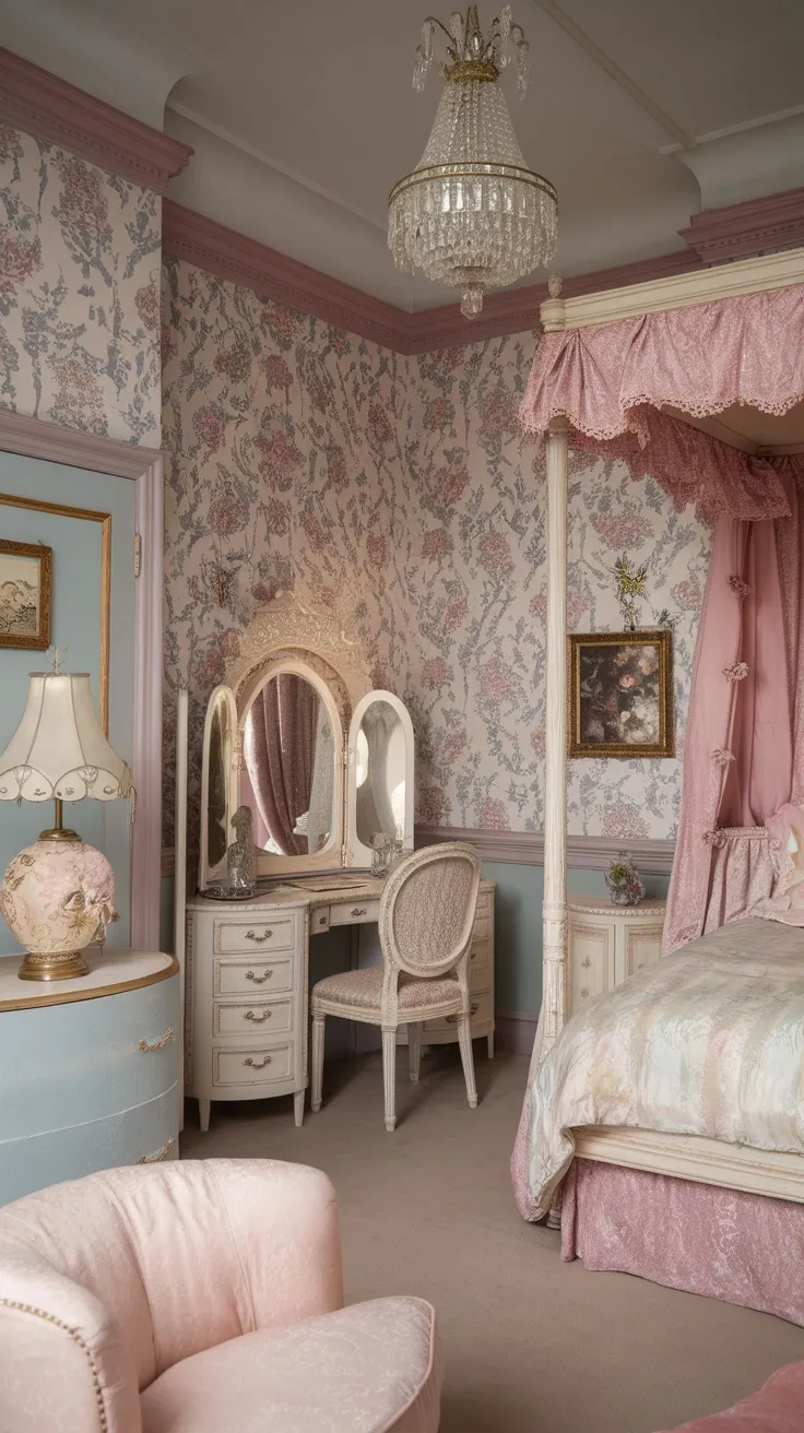 A vintage bedroom featuring floral wallpaper with a chandelier, ornate furniture, and soft pink tones.