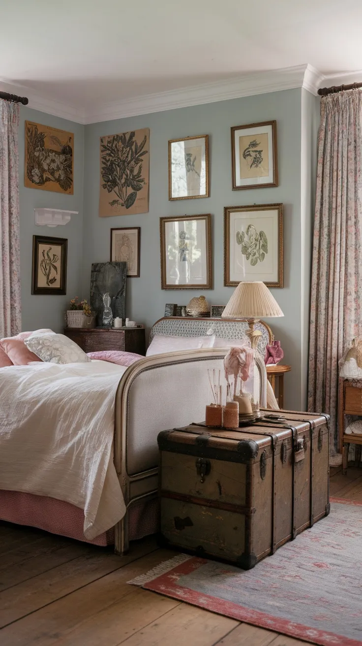 Cozy English cottage bedroom with framed botanical prints on the wall.