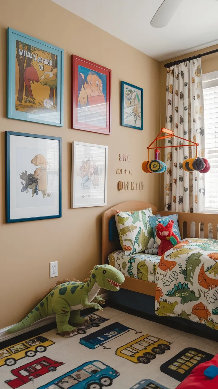 A toddler bedroom with framed storybook and cartoon artwork on the wall, fun bedding, and a dinosaur plush toy.