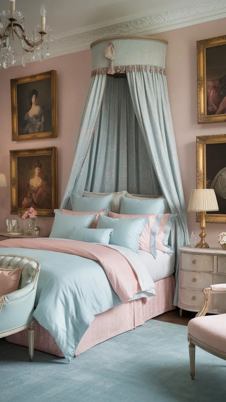 A beautifully decorated French bedroom with gilded picture frames, soft pink walls, and elegant bedding.