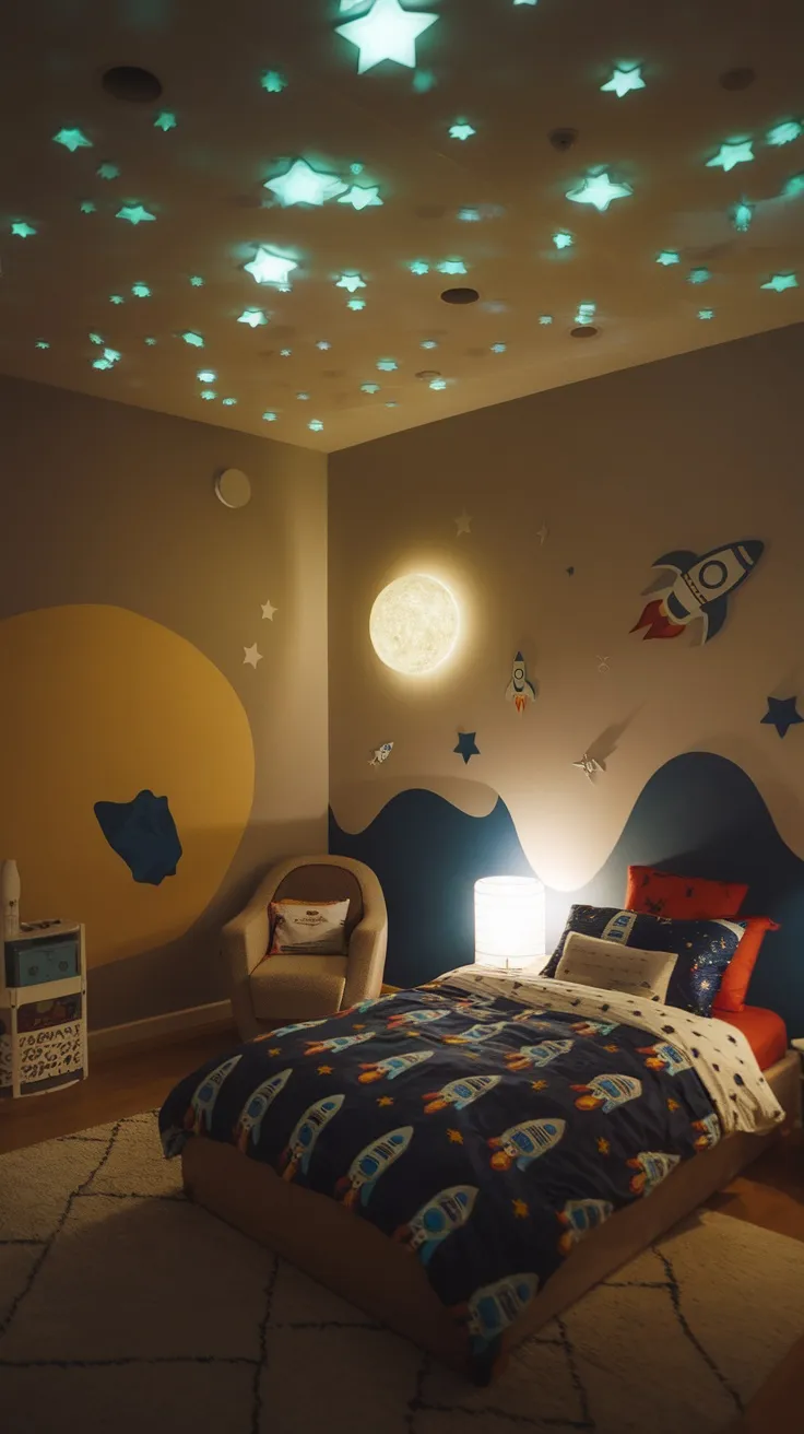 A boy's bedroom with glow-in-the-dark stars on the ceiling, a rocket-themed bedspread, and space-themed wall decor.
