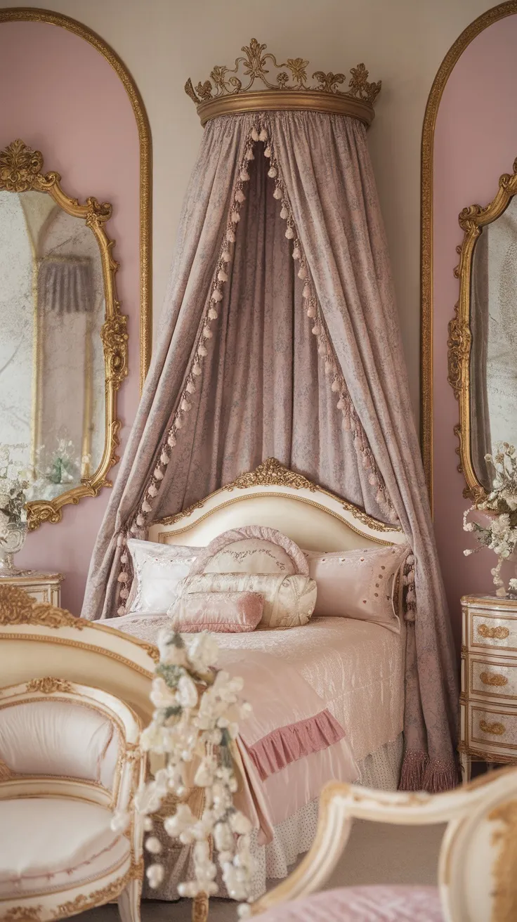 A vintage princess style bedroom featuring a crown canopy bed, gold-framed mirrors, and luxurious pastel decor.