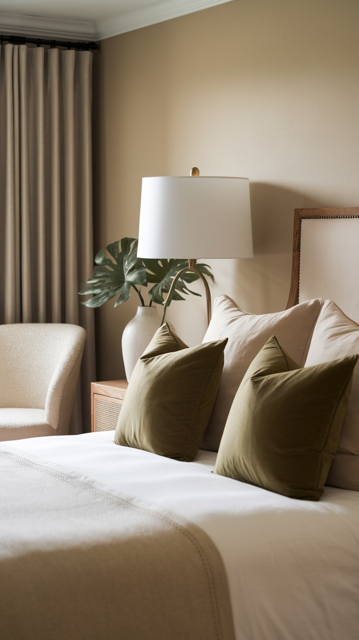 A cozy bedroom with olive green pillows on a bed, surrounded by soft colors and natural light.