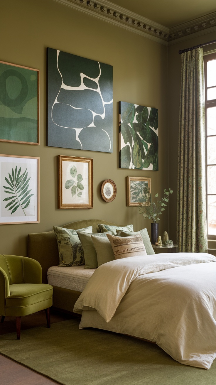 A beautifully decorated olive green bedroom featuring various green wall art pieces.