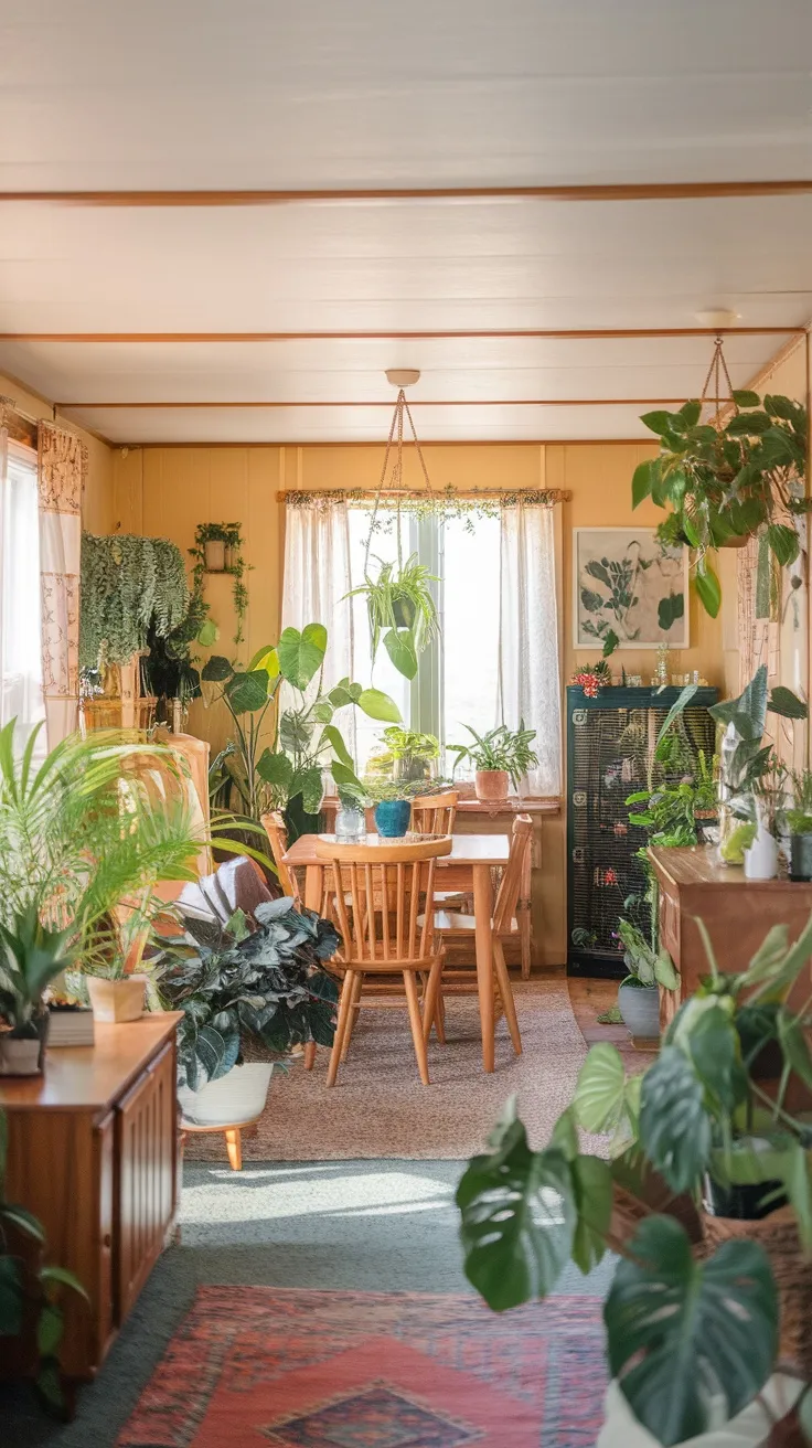 A cozy mobile home interior filled with various plants, creating a warm and inviting atmosphere.