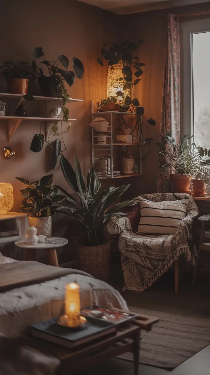 A cozy bedroom with various indoor plants, soft lighting, and a comfortable chair.