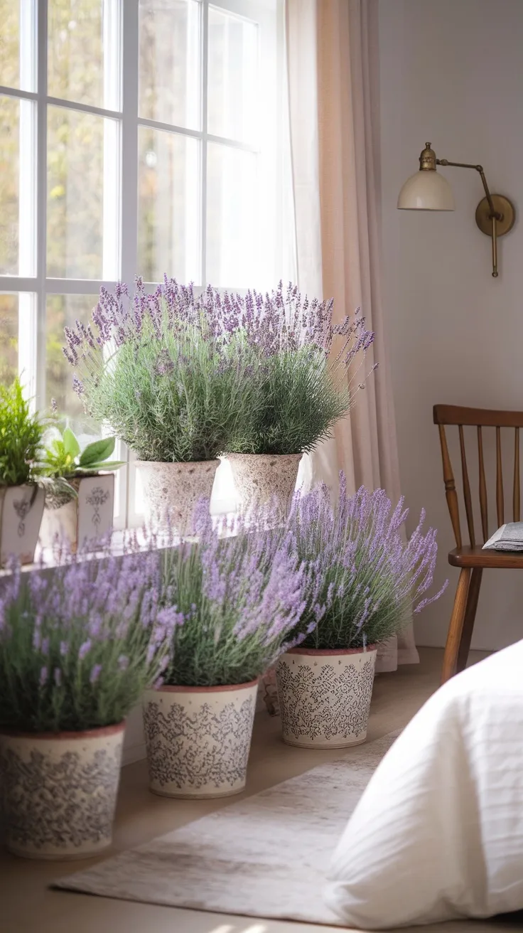 A cozy bedroom corner with several lavender plants in decorative pots by the window, creating a relaxing and fragrant atmosphere.
